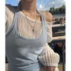 Set: Long-sleeve Perforated Knit Top + Halter Top Set - White & Blue - One Size