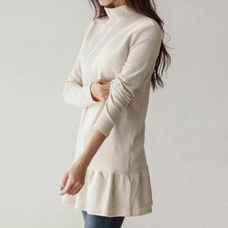 Mock-neck Ruffle-hem Long Top
