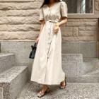 Puff-sleeve Buttoned Maxi Linen Dress Beige - One Size