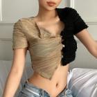 Short-sleeve Two-tone Button-up Cropped T-shirt