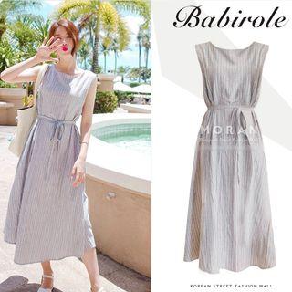 Sleeveless Tie-waist Crewneck Striped Sheath Cotton Long Dress