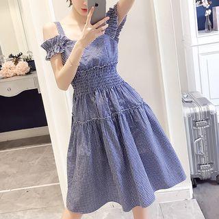 Short-sleeve Cold-shoulder Gingham A-line Dress