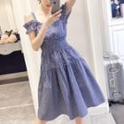 Short-sleeve Cold-shoulder Gingham A-line Dress
