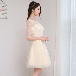 Bow Detail Elbow-sleeve Cocktail Dress