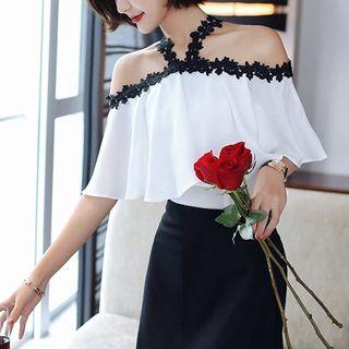 Crochet Lace Trim Off-shoulder Halter Chiffon Top