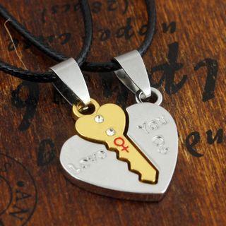 Set Of 2: Key / Heart Pendant Alloy Leather Cord Necklace (various Designs)