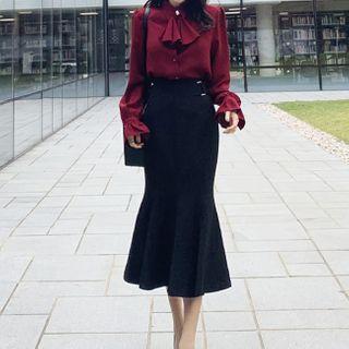Set: Jabot Blouse + Ruffle Hem Midi Pencil Skirt