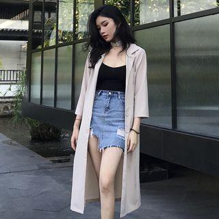 Plain 3/4 Sleeve Long Trench Coat