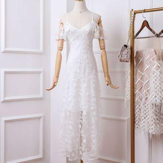 Spaghetti Strap Cold-shoulder Floral Embroidered Midi Dress