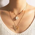 Butterfly Layered Necklace 17982 - 1pc - Gold - One Size
