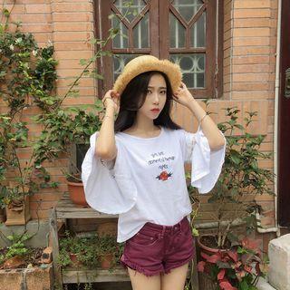 Embroidered Fluted 3/4-sleeve T-shirt
