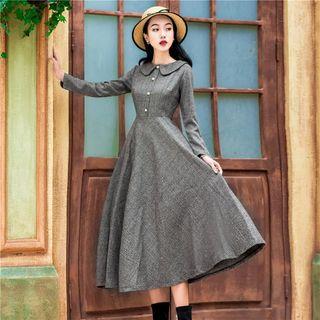 Long-sleeve Collared A-line Midi Dress