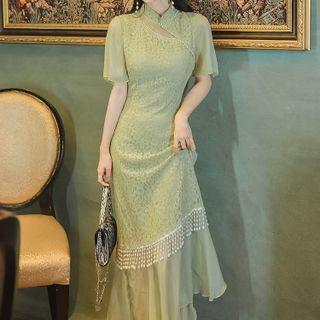 Short-sleeve Mesh Pane Faux Pearl Qipao