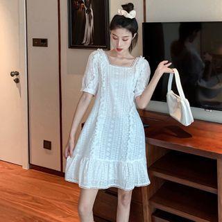 Short-sleeve Square-neck Mini A-line Lace Dress White - One Size