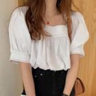 Contrast Stitching Puff-sleeve Blouse White - One Size