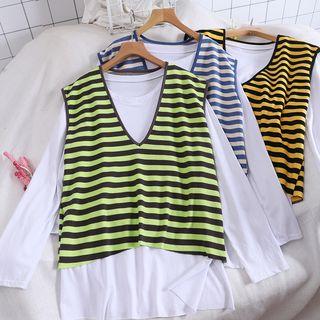 Set Of 2: Long-sleeve Side-slit Top + Striped Tank Top