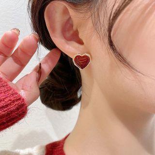 Heart Stud Earring Stud Earring - 1 Pair - Silver Stud - Red & Gold - One Size