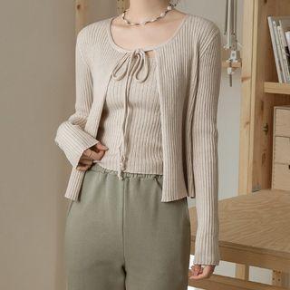 Tie-front Rib-knit Cardigan & Cami Set