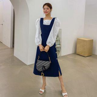 Button-side A-line Long Suspender Dress