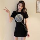 Short-sleeve Print Mini A-line T-shirt Dress Black - One Size