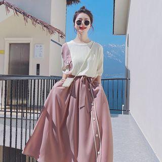 Elbow-sleeve Two-tone Chiffon Midi A-line Dress