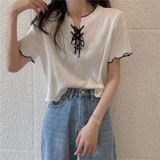 Ruffle Trim Lace-up Top