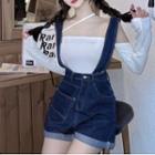 Long-sleeve Off-shoulder T-shirt / Denim Jumper Shorts