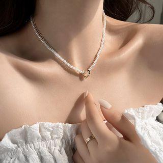 Heart Pendant Faux Pearl Alloy Necklace Necklace - Love Heart Faux Pearl - White - One Size