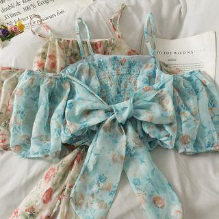 Ribbon-back Off-shoulder Printed Crop Top