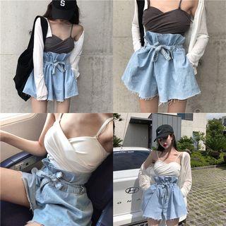 Spaghetti Strap Top / Buttoned Light Jacket / Denim Shorts