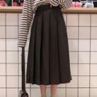 High-waist Plain Pleated Medium Long Skirt