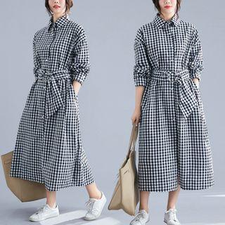 Checked Midi Shirt Dress Black - One Size
