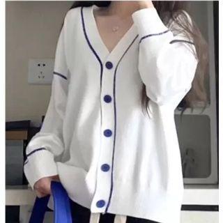 Contrast Trim Cardigan / Plain Wide Leg Pants