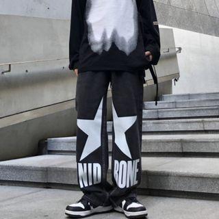 Lettering Star Print Wide-leg Jeans