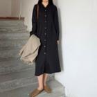 Long-sleeve Buttoned Loose-fit Maxi Dress Black - One Size