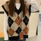Letter Embroidered Argyle Sweater Vest Brown - One Size