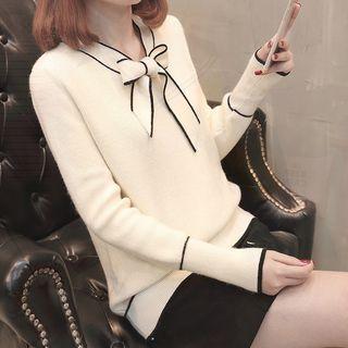 Long-sleeve Contrast Trim Tie Neck Knit Top