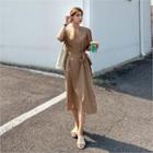 Slit-side Linen Blend Dress With Sash Brown - One Size