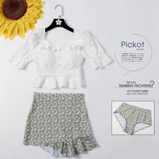Set: Short-sleeve Swim Top + Leaf Print Swim Bottom + Swim Skirt