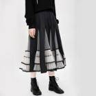 Mesh Panel Contrast Trim Midi A-line Skirt Black - One Size
