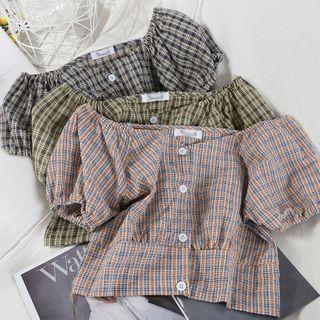 Off-shoulder Short-sleeve Plaid Cropped Blouse