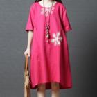 Flower Embroidered Elbow-sleeve A-line Dress