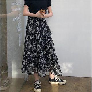 High-waist Floral Chiffon Midi Skirt As Shown In Figure - One Size