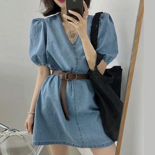 Puff-sleeve V-neck Denim A-line Mini Dress Blue - One Size