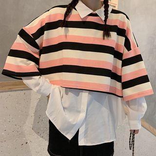Plain Shirt / Elbow-sleeve Striped T-shirt