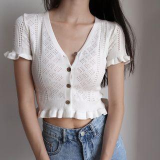Plain Perforated V-neck Single-breasted Short-sleeve Knit Top