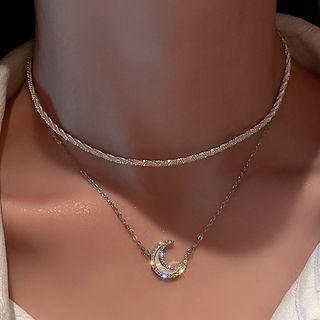 Set Of 2: Moon Rhinestone Pendant Necklace + Alloy Choker 2 Pcs - Silver - One Size