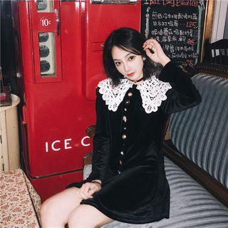Long-sleeve Lace-trim Velvet Mini Dress