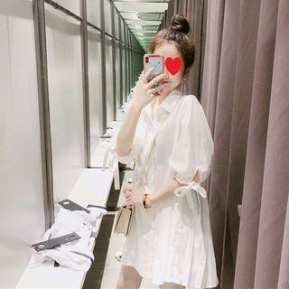Plain Elbow-sleeve Mini Shirtdress