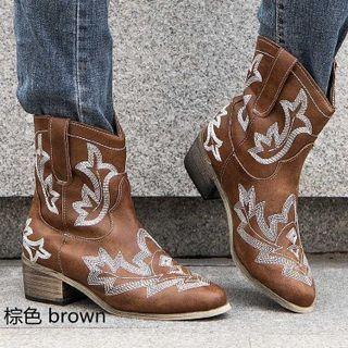 Embroidered Pointy-toe Chunky-heel Short Boots